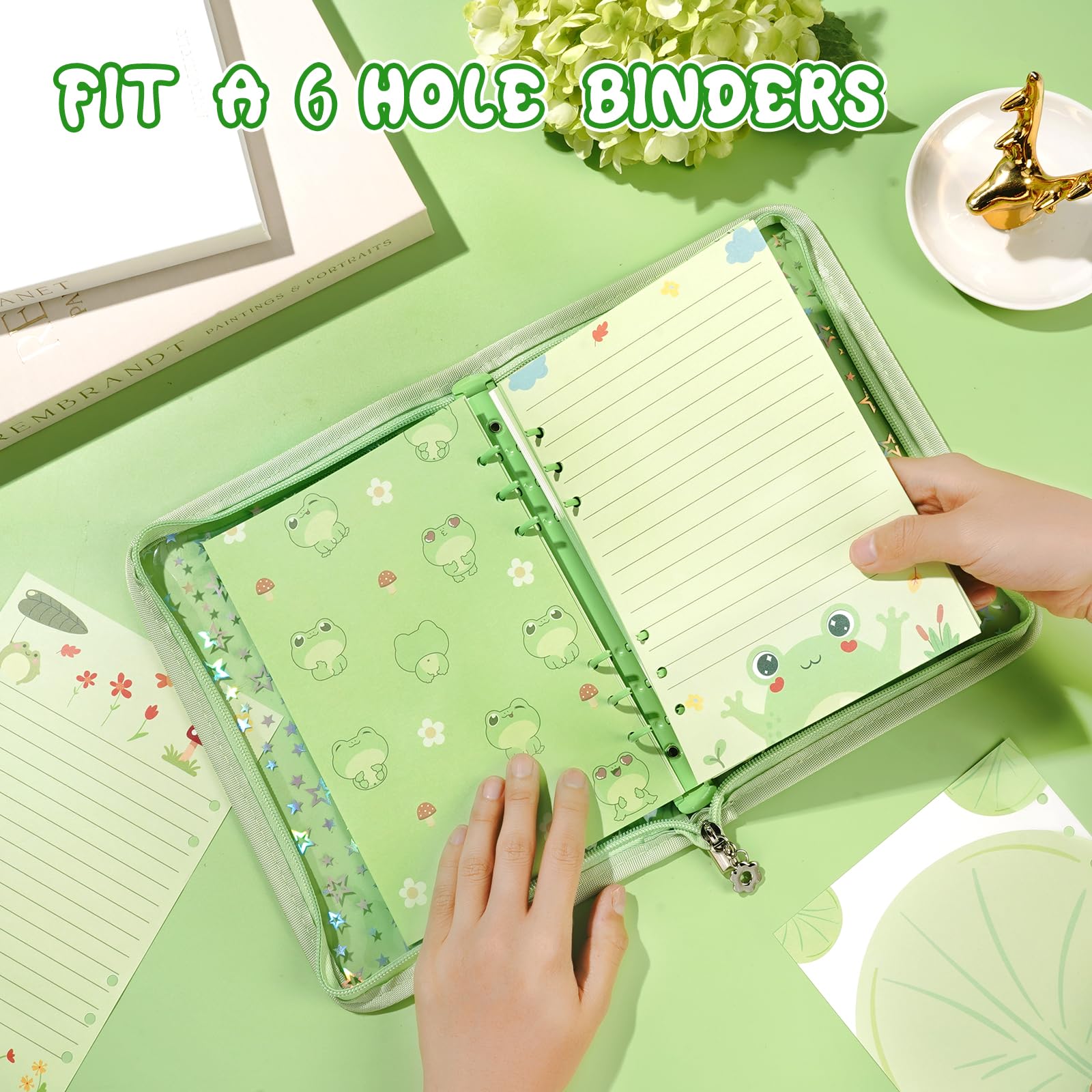 Lot de 100 feuilles de feuilles de papier de rechange épais en forme de grenouille verte A5 pour classeur A5 à 6 anneaux, feuilles mobiles pour journal intime, planification créative, budget, remise