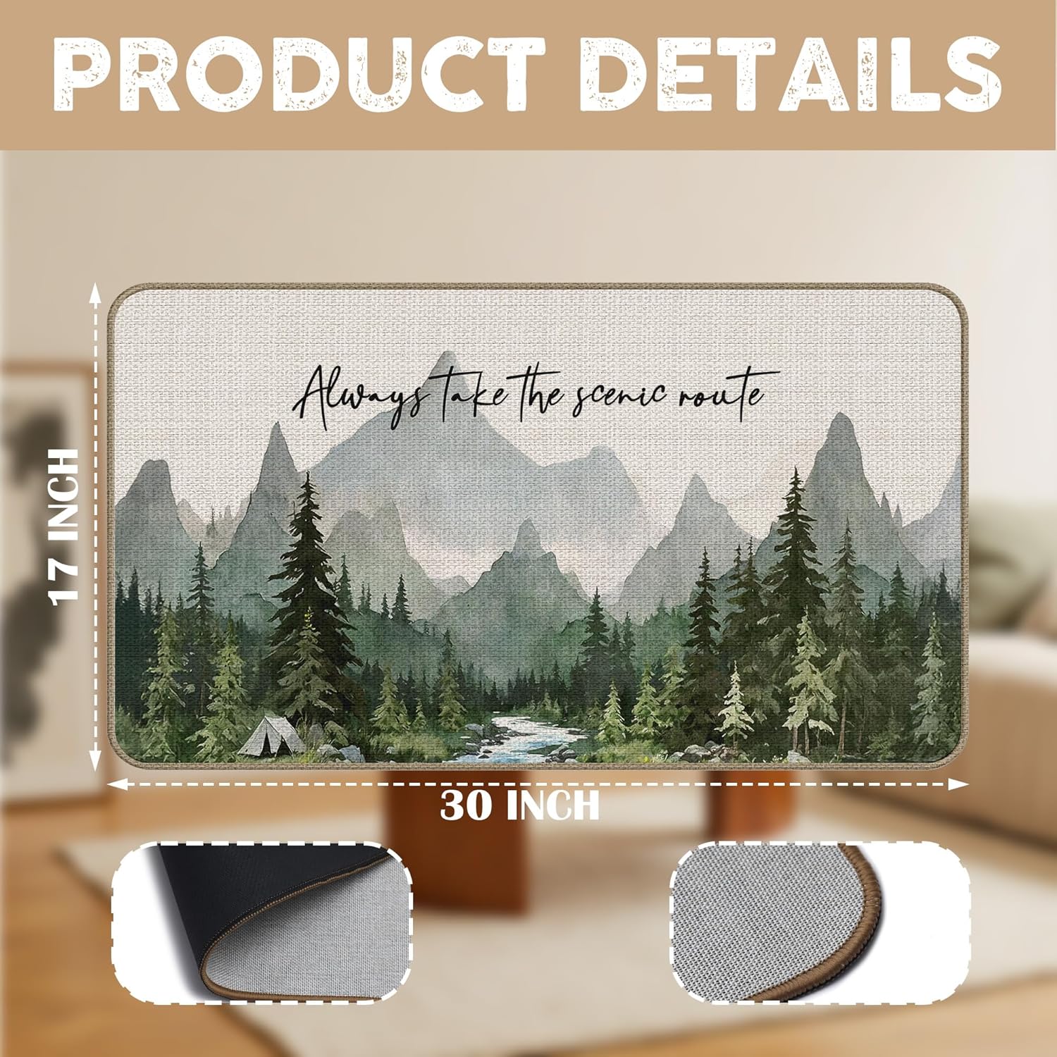 Camping Adventure Nature Mountain Door Mat 17 x 30,Always Take The Scenic Route Forest Decor for Indoor Outside Entrance,Gifts for Camping Camper Lover,Camper RV Rugs for Inside