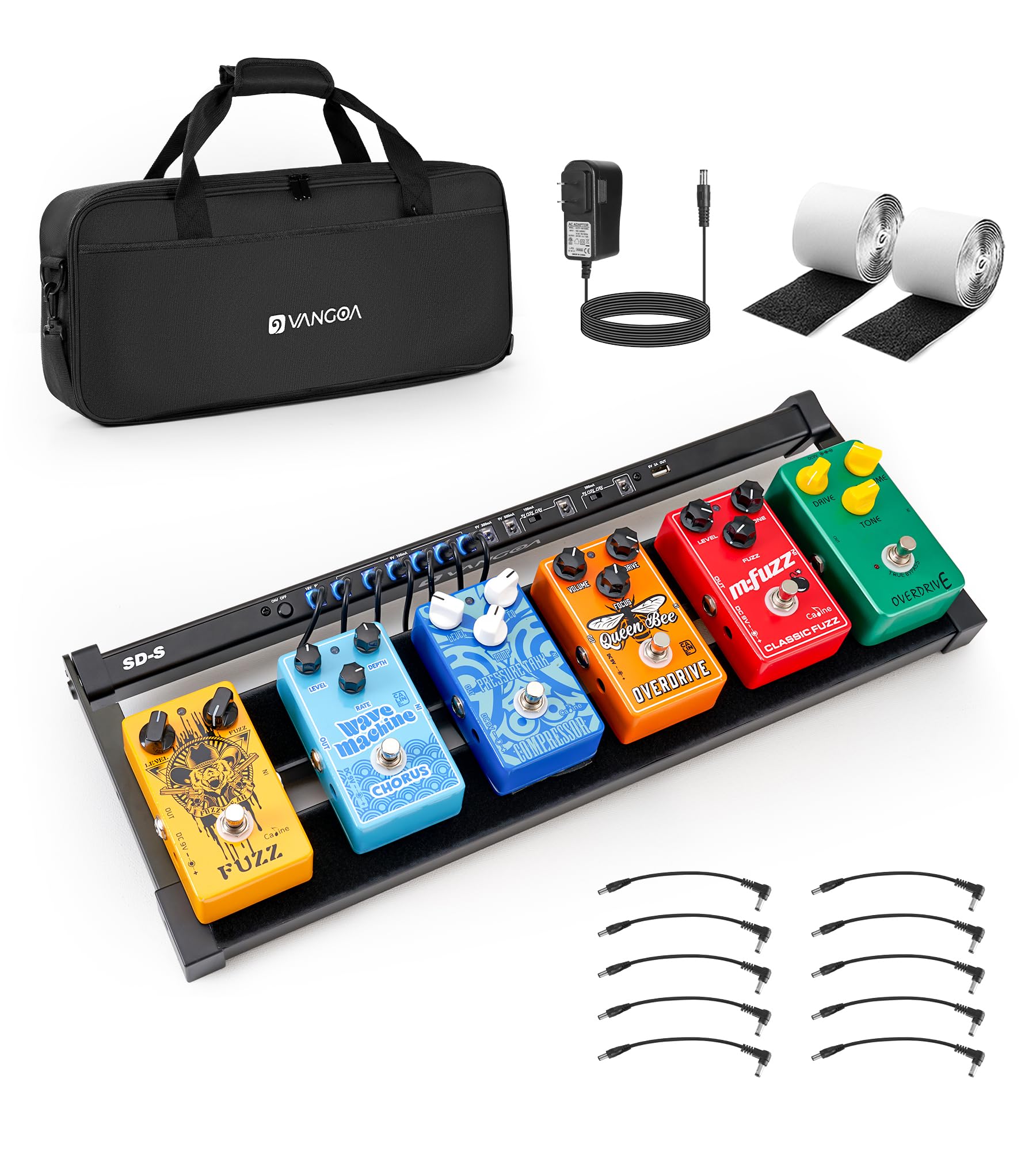 VangoaGuitar Pedal Board with Built-in 9V/12V/18V Power Plate for 5-6 Pedals, Aluminum Alloy, Portable, Foldable, with Carry Bag, Pedal Cables, Small