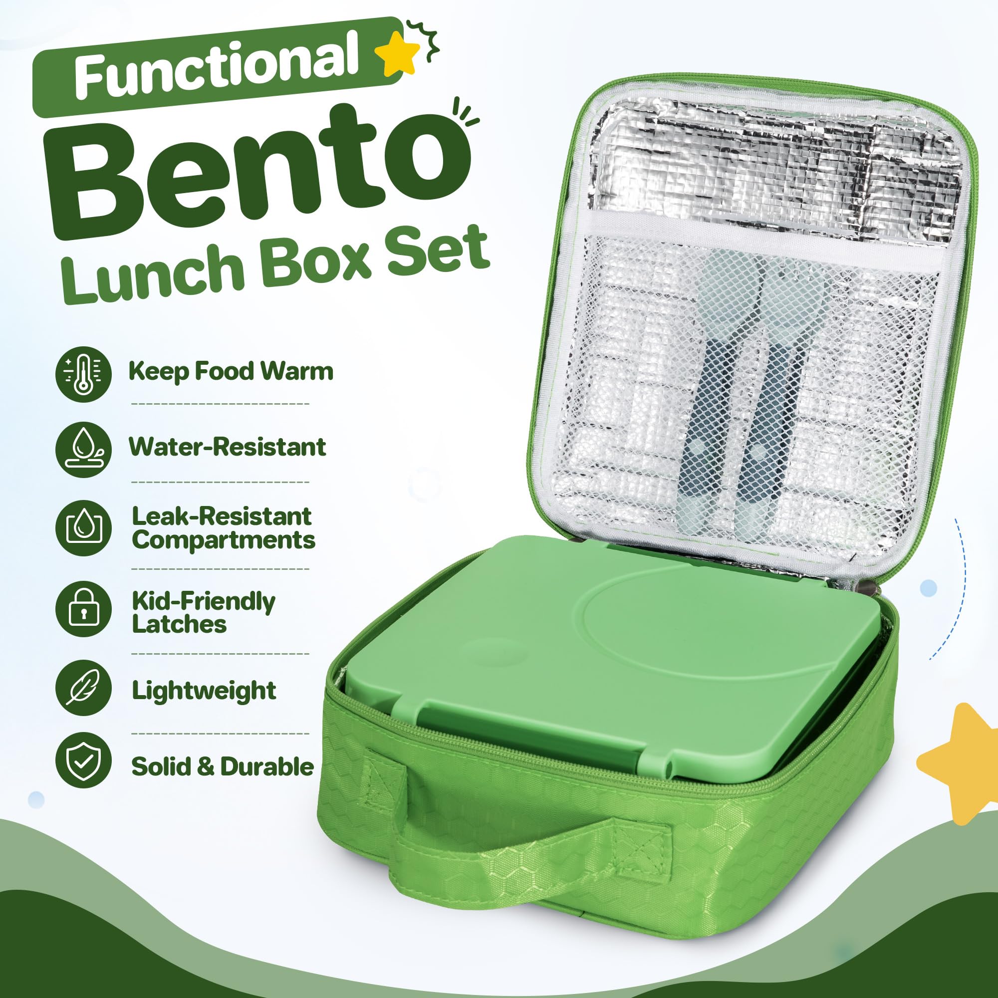 Bento-Lunchbox-Set für Kinder mit 237 ml Suppen-Thermo, auslaufsichere Lunchbehälter mit 4 Fächern, Kinder-Thermobehälter für heiße Speisen und isolierte Lunchtasche für Kinder zur Schule, Grün