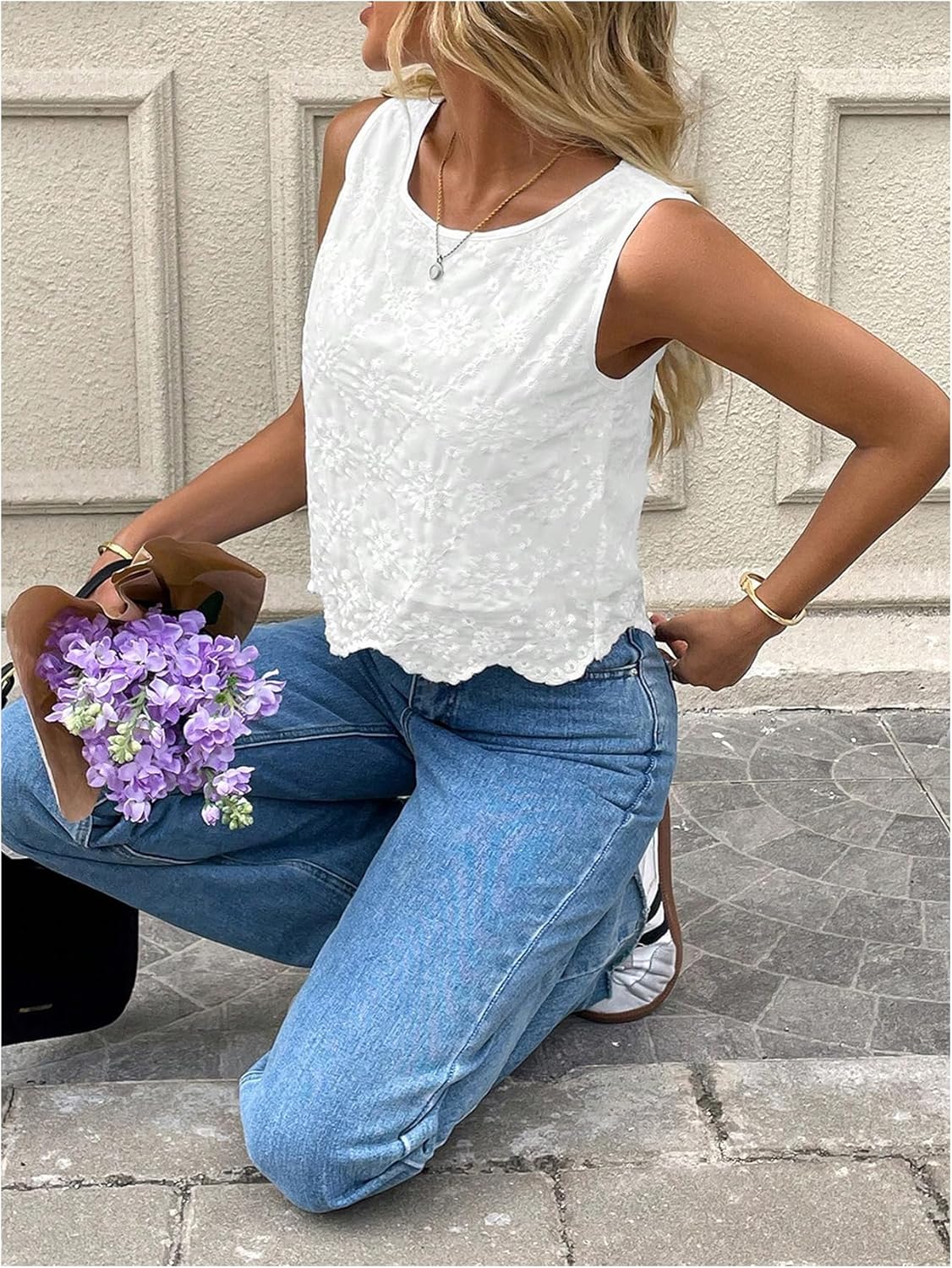 SHENHE Women's Summer Sleeveless Embroidered Dressy Casual Blouse Scalloped Going Out Top - Image 4