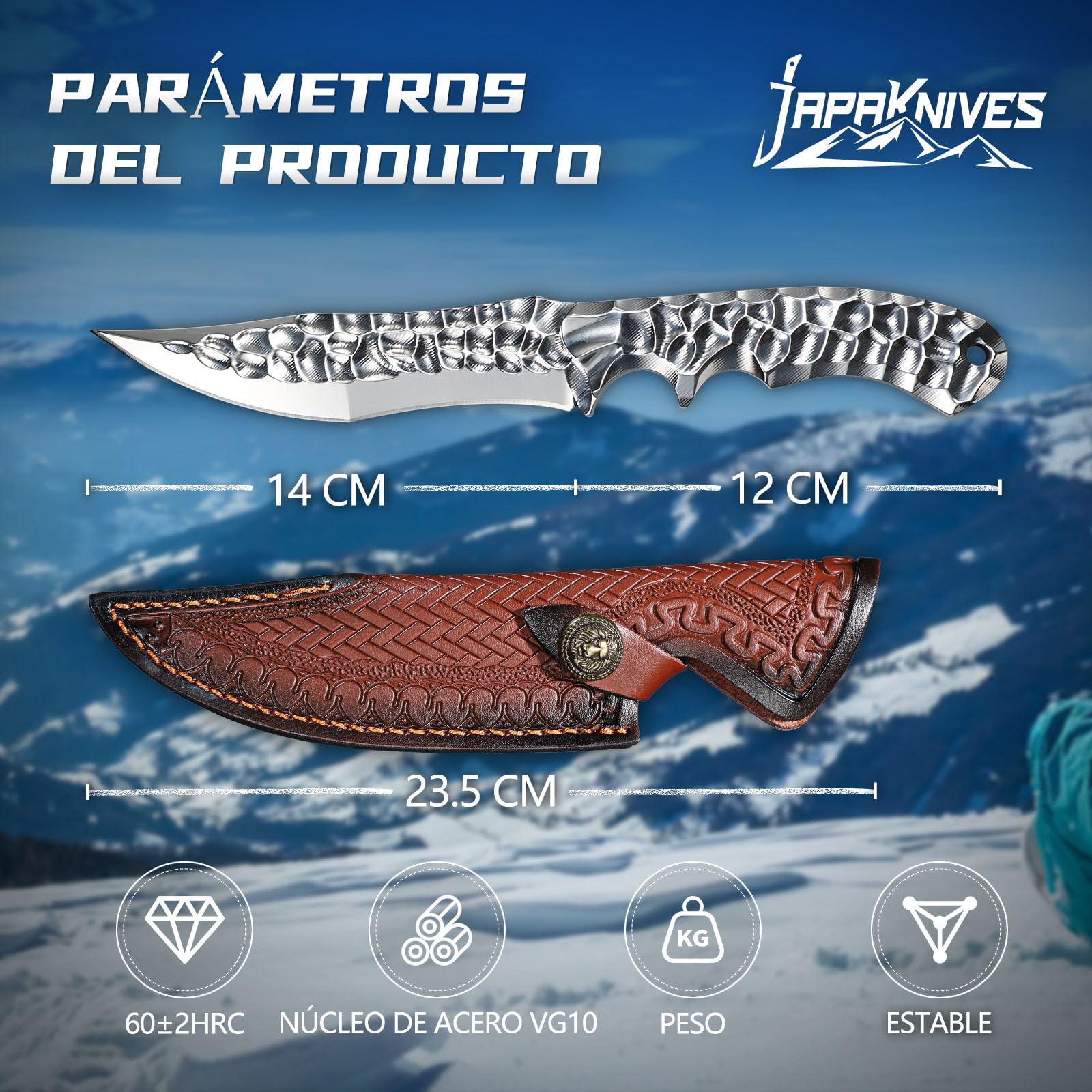 Japaknives Cuchillo de supervivencia para exteriores, hoja fija de acero VG10, estructura integral full tang, con funda de cuero para senderismo y aventura.