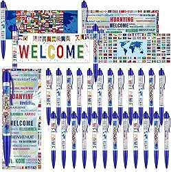 48 conjuntos de canetas esferográficas com bandeira do mundo internacional, bandeiras do país, cartões, bolsas, presentes de volta às aulas para estudantes, material de escritório escolar, decorações