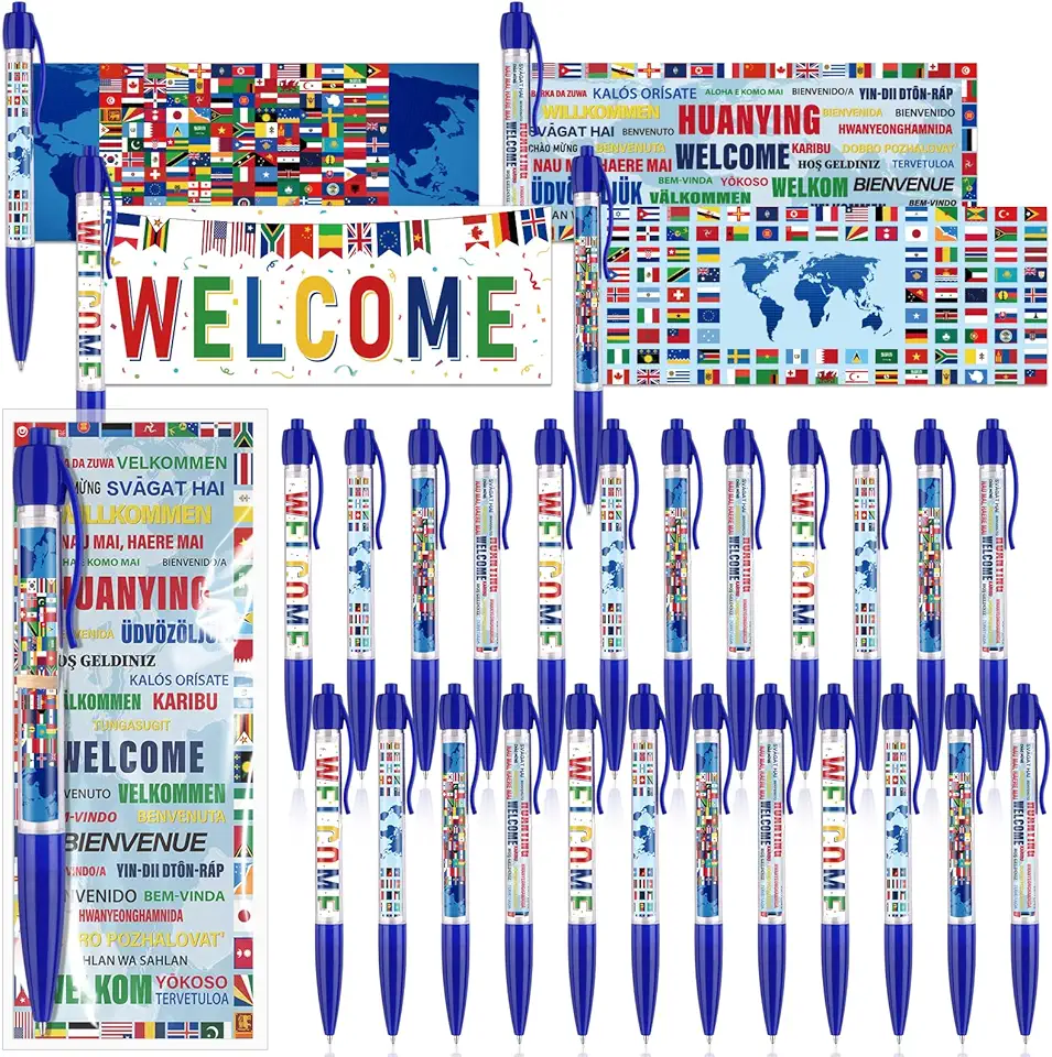 48 conjuntos de canetas esferográficas com bandeira do mundo internacional, bandeiras do país, cartões, bolsas, presentes de volta às aulas para estudantes, material de escritório escolar, decorações