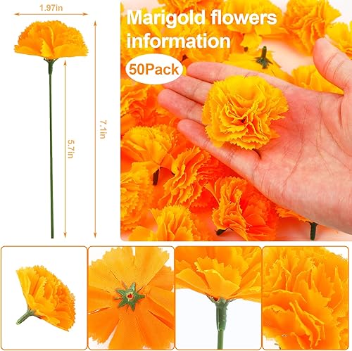 Miniatura 2 de CCINEE 50 piezas de flores de caléndula artificiales de seda a granel, flores de caléndula con tallo de caléndula falsas flores para bricolaje