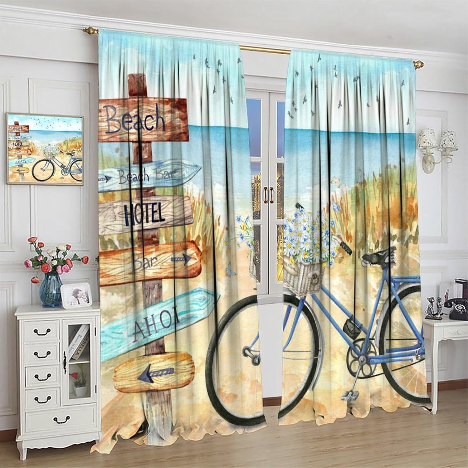 Brebasf Vintage Oil Painting Beach Bicycle Curtains,Rustic Watercolor Wooden Board Spring Floral Window Curtains Thermal Insulated Rod Pocket Blackout Curtains for Bedroom 2 Panels 63"L x 21"W