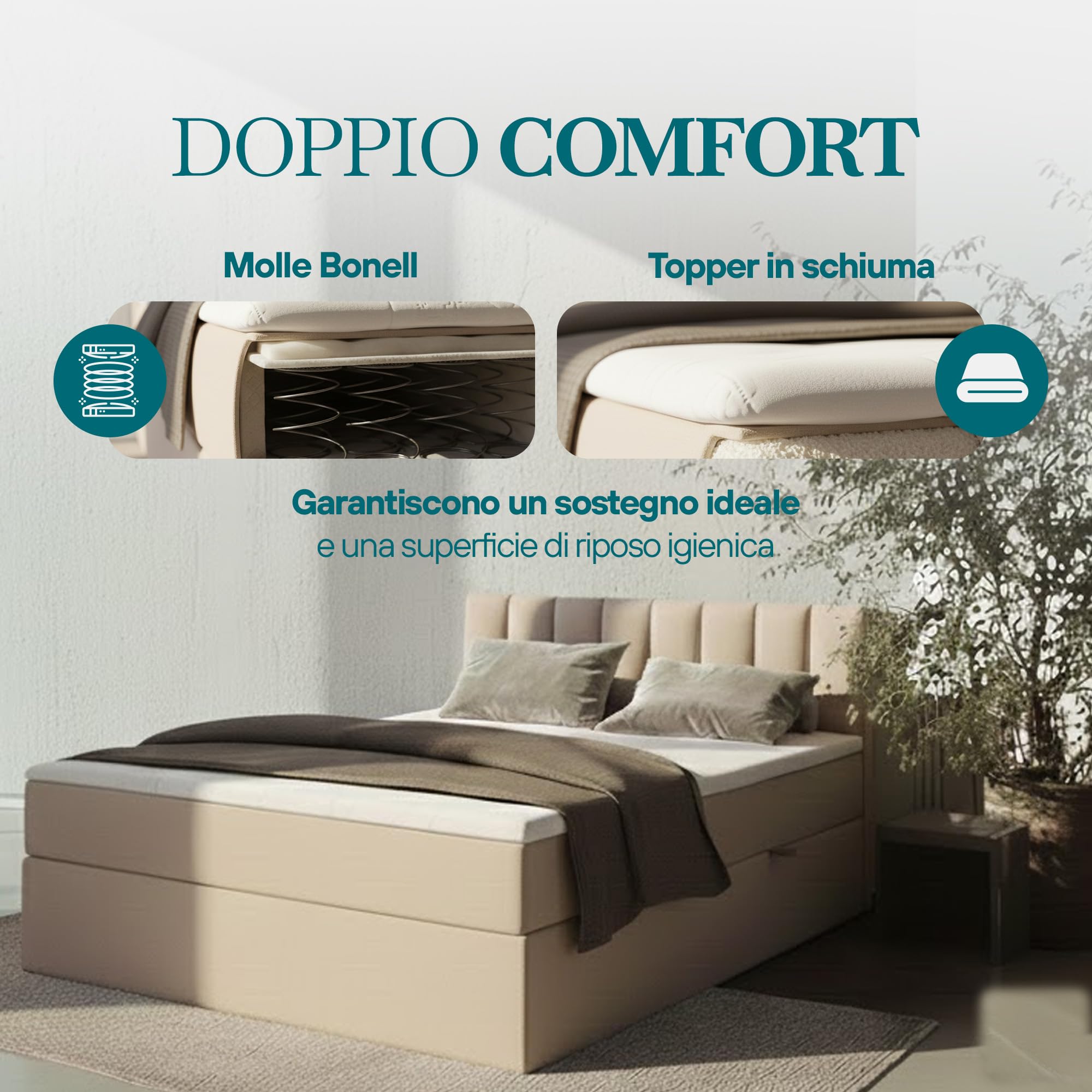 TRADA Letto Contenitore Matrimoniale con Contenitori e Materasso Pocket H3 - Elegante Letto PALERMO con Materasso e Topper - Beige - 180 x 200 cm