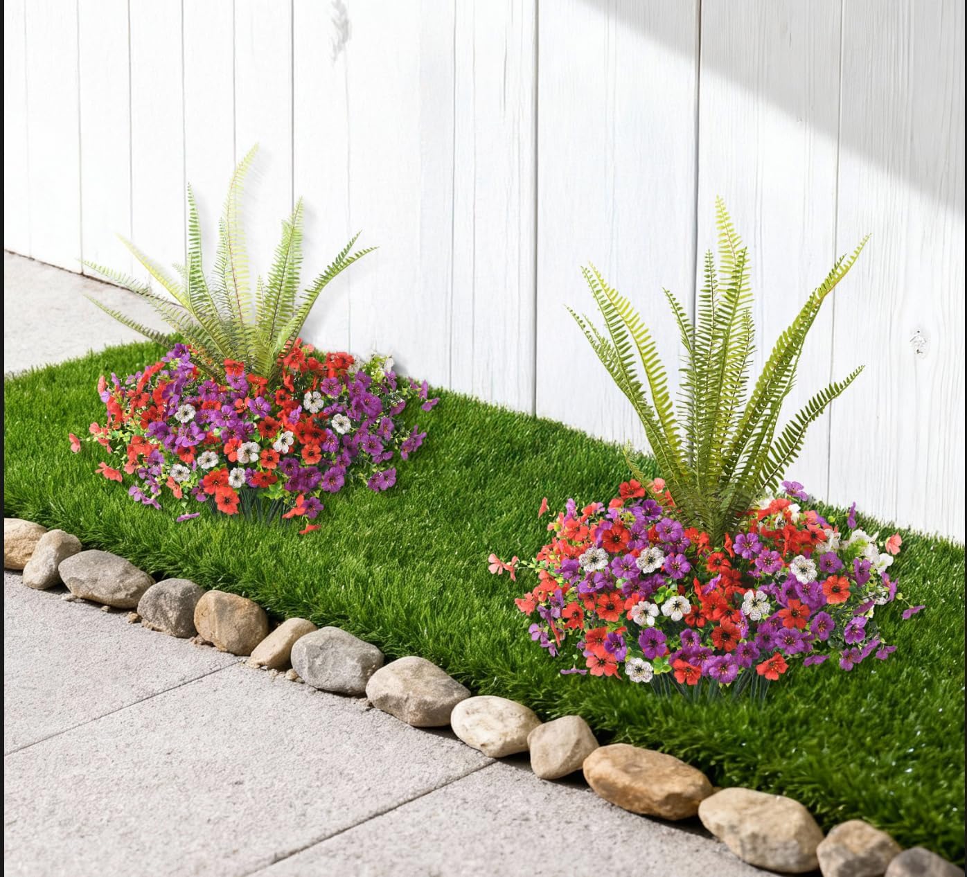 INQCMY Artificial Flowers for Outdoor 12 Pcs Faux Silk Daisy and 1 Pcs Fake Long Leaved Grass UV Resistant Tall Ferns for Home Doorway Courtyard Garden Backyard Decorative
