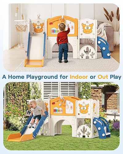 Miniatura 2 de BIERUM Juego de toboganes para niños pequeños con aro de baloncesto, juego de golf y tabla de dibujo, 13 en 1 para interiores y exteriores, parque