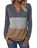 Women's Waffle Shirts V Neck Long Sleeve Tops Color Block T-Shirts Casual Pullover Tunics 2025 Fashion Basic Tees