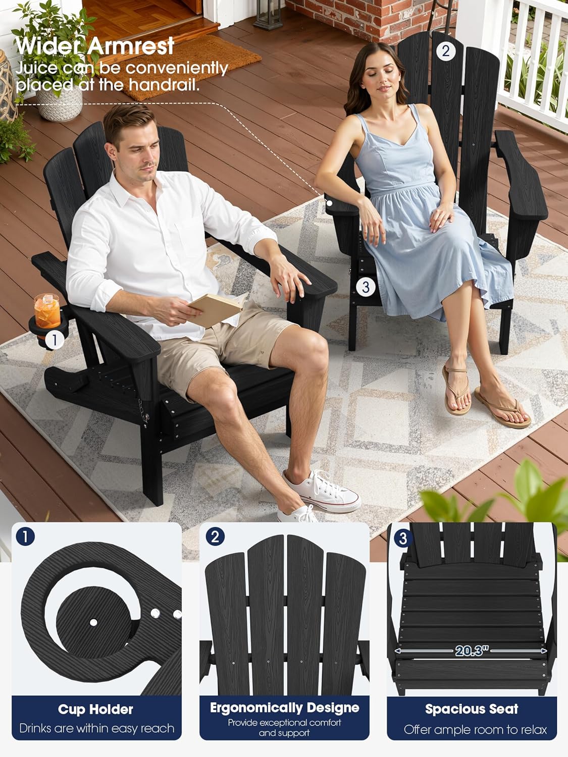 KINGYES Folding Adirondack Chair Set of 2, HDPE All-Weather Patio Chairs, Wooden Textured Lawn Chair for Poolside, Backyard, Deck, Fire Pit, Black