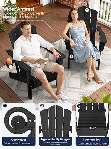 Vista 3 de KINGYES - Silla Adirondack plegable, sillas de patio de polietileno de alta densidad para todo tipo de clima, silla de césped con textura de madera