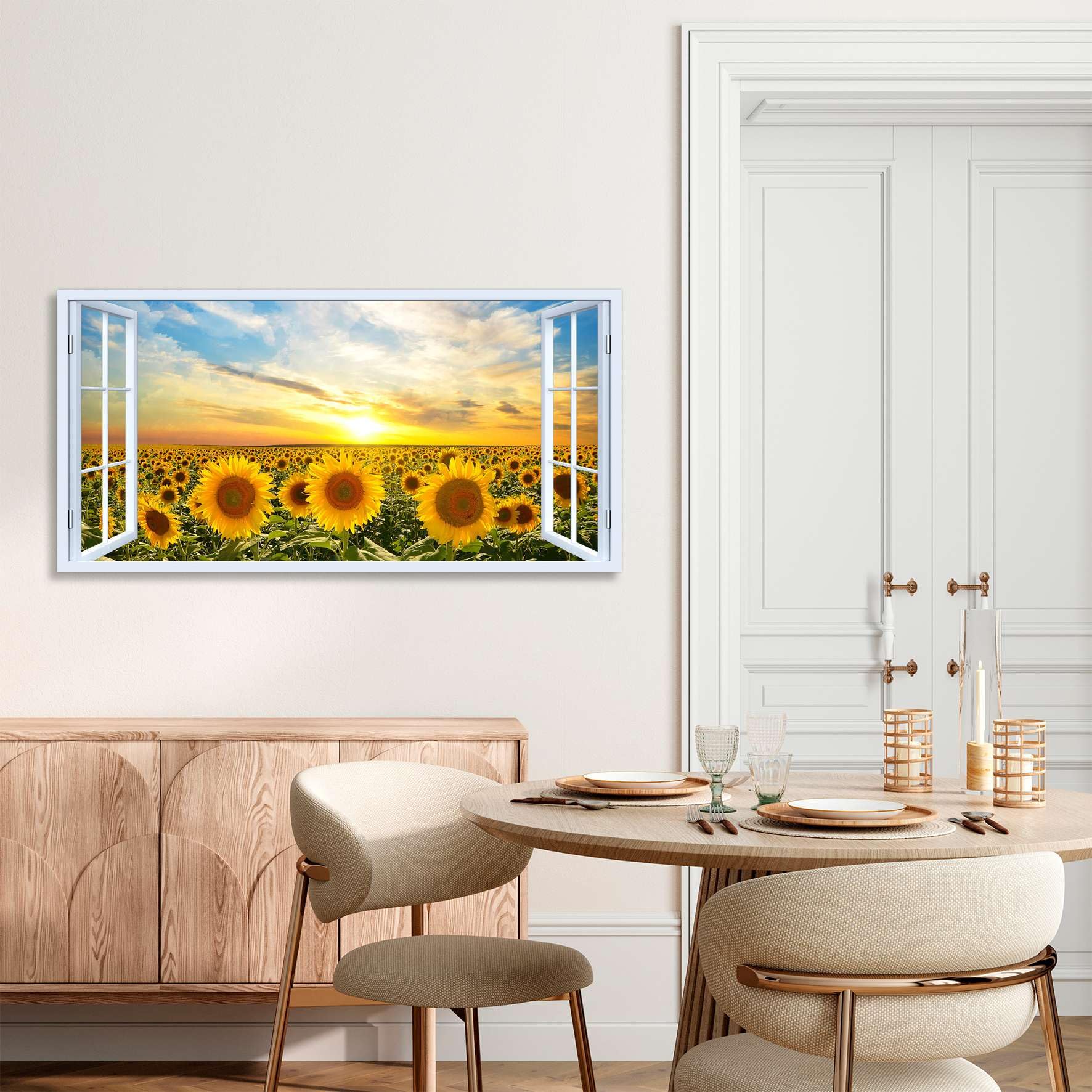 Quadro finestra panorama campo di girasoli tramonto - Stampa su tela con telaio in legno - 120x60 cm