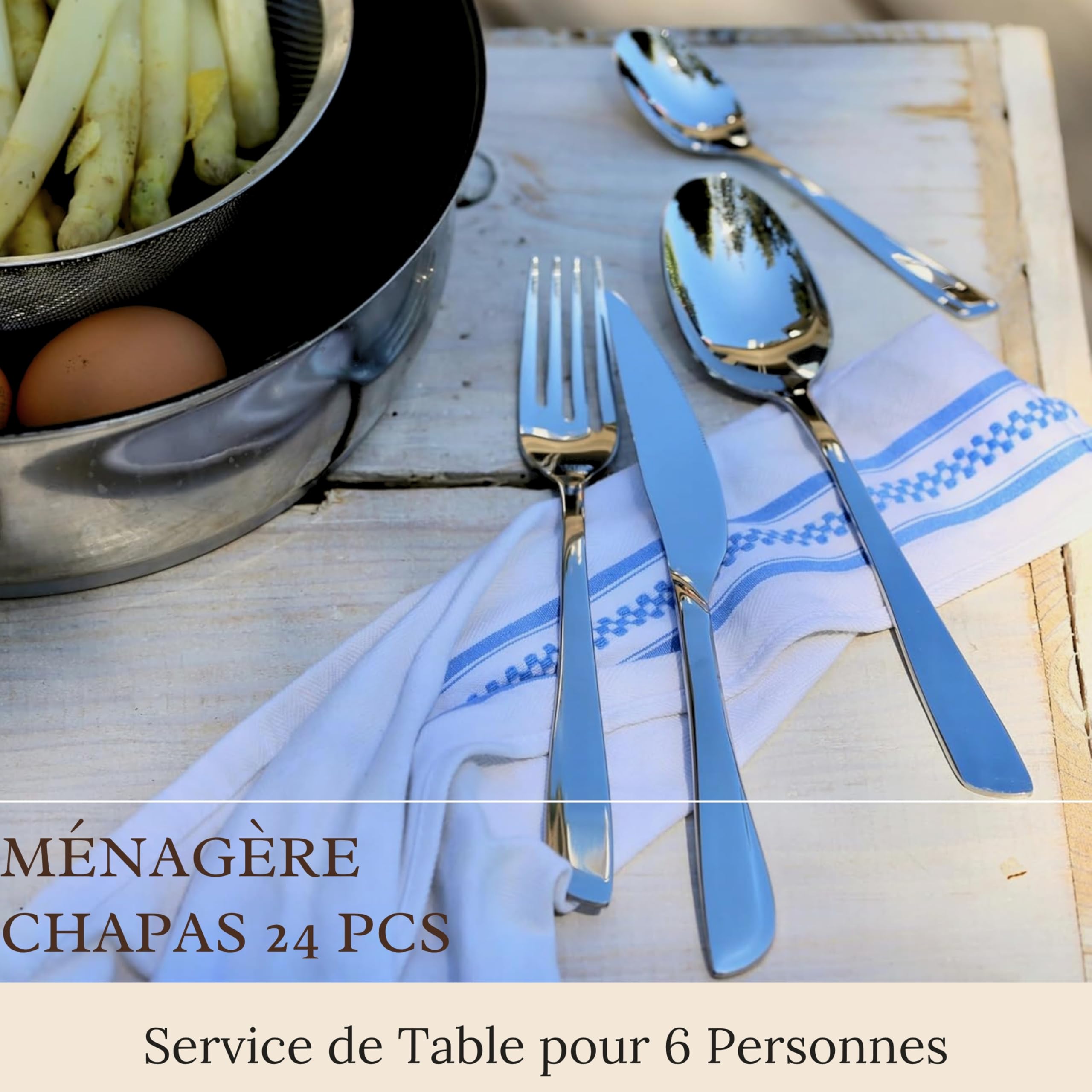 Lebrun Couverts CHAPAS - Ménagère 24 pcs - Style Cabine de plage - Service de table pour 6 personnes - 6 couteaux – 6 fourchettes de table – 12 cuillères à café - Couvert Inox 18.0