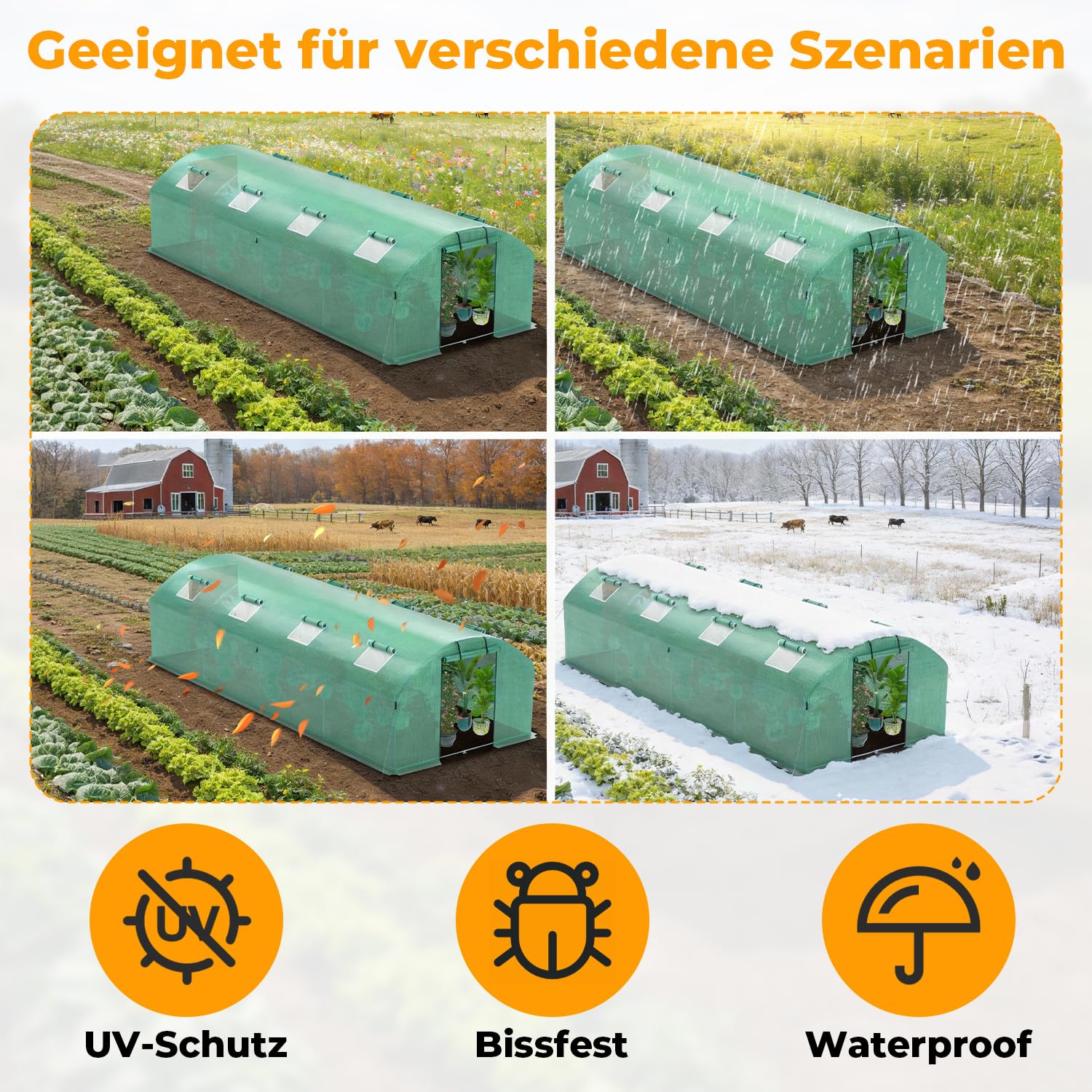 300 x 400 x 200 cm, szklarnia foliowa, odporna na warunki zimowe ze stalową ramą 25 mm, 140 g/m² PE UV50+, 4 okna i 2 drzwi, domek na pomidory z kotwami gruntowymi i linami napinającymi