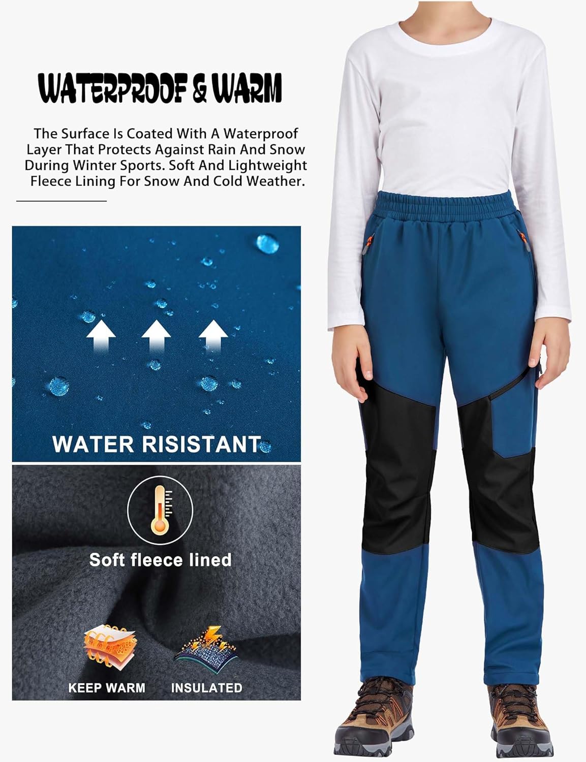 Kids Winter Pants Fleece Lined Waterproof Boys Ski Pants Thermal Outdoor Softshell with Zipper Pockets - Image 4