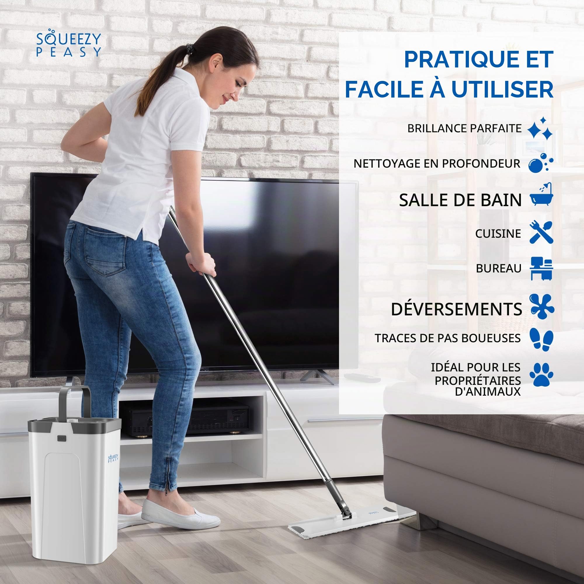 SqueezyPeasy Ensemble balai plat et seau de qualité supérieure – Séparent l'eau propre et sale – Compact et léger – Système de nettoyage du sol à 3 chambres – Tête rotative à 360° – 5 serpillères