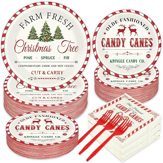 200Pcs Christmas Farmhouse Plates and Napkins Christmas Old Fashion Tableware Set Xmas Tree Candy Canes Disposable Dinnerware Set Winter Holiday Birthday Party Supplies Decorations Serve for 50 Guests