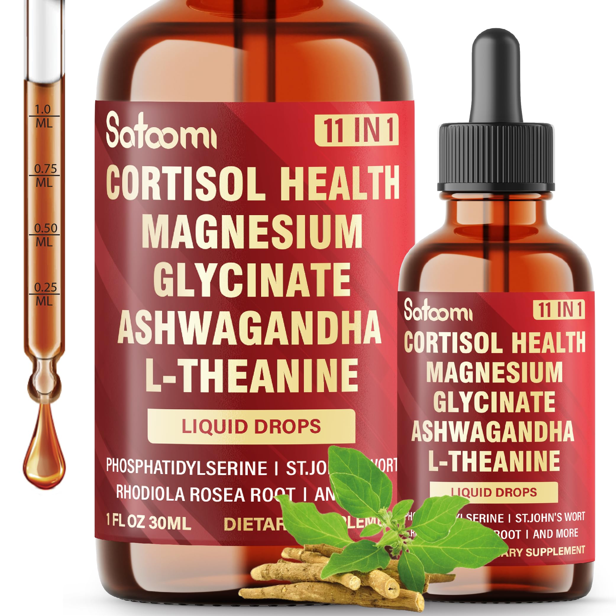 11in1 Cortisol Support Drops Liquid Supplement for Brain Health & Mood Balance & Rest Well - with Magnesium Glycinate, Ashwagandha, L-Theanine & Phosphatidylserine - 1 FL Oz - 30 Servings