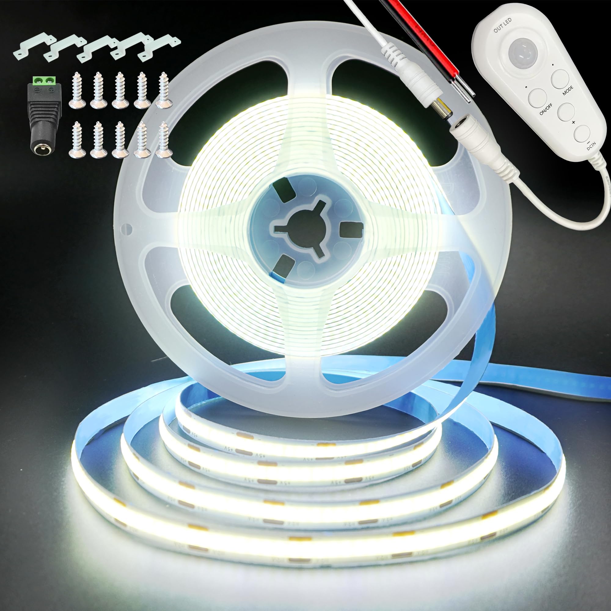 Clearhill Motion Sensor Dimmable Flexible LED Strip Lights,16.4FT/5M,Cool White 6500K,8mm Width,320LEDs/M,Not Waterproof IP 20,24V DC for Closet Light Bedroom Cabinet Stair