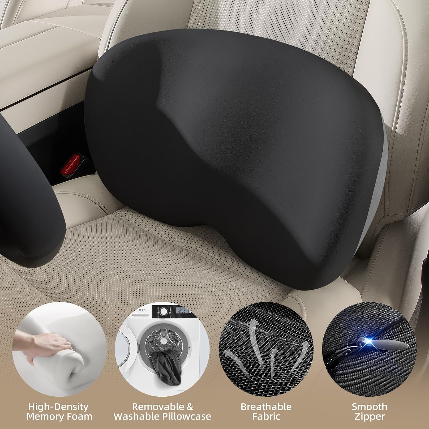 BEBAS Lumbar Support Pillow for Car, Memory Foam Lower Back Support for Driving, Ergonomic Lumbar Cushion for Back Pain Relief, Fixed Ring Lumbar Pillow for Car Seat, Office Chair- BlackGray