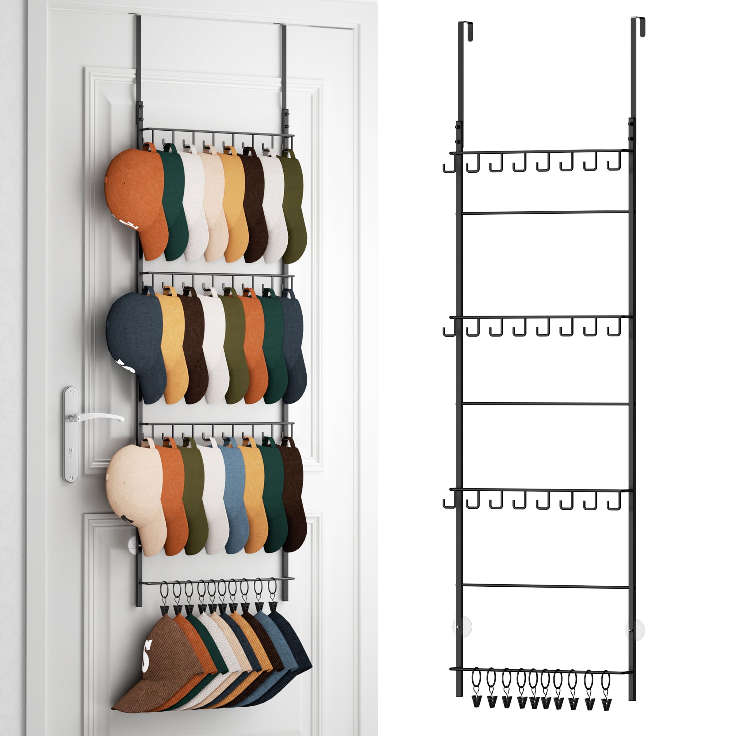 Photo 1 of ***Missing hardware***HapiRm Over the Door Hat Organizer - 4 Tier Wall Mounted Hat Rack with 24 Hooks and 10 Movable Clips, Hanging Baseball Cap Organizer Storage Holds to 34 Caps for Door, Bedroom, Closet***Missing hardware***