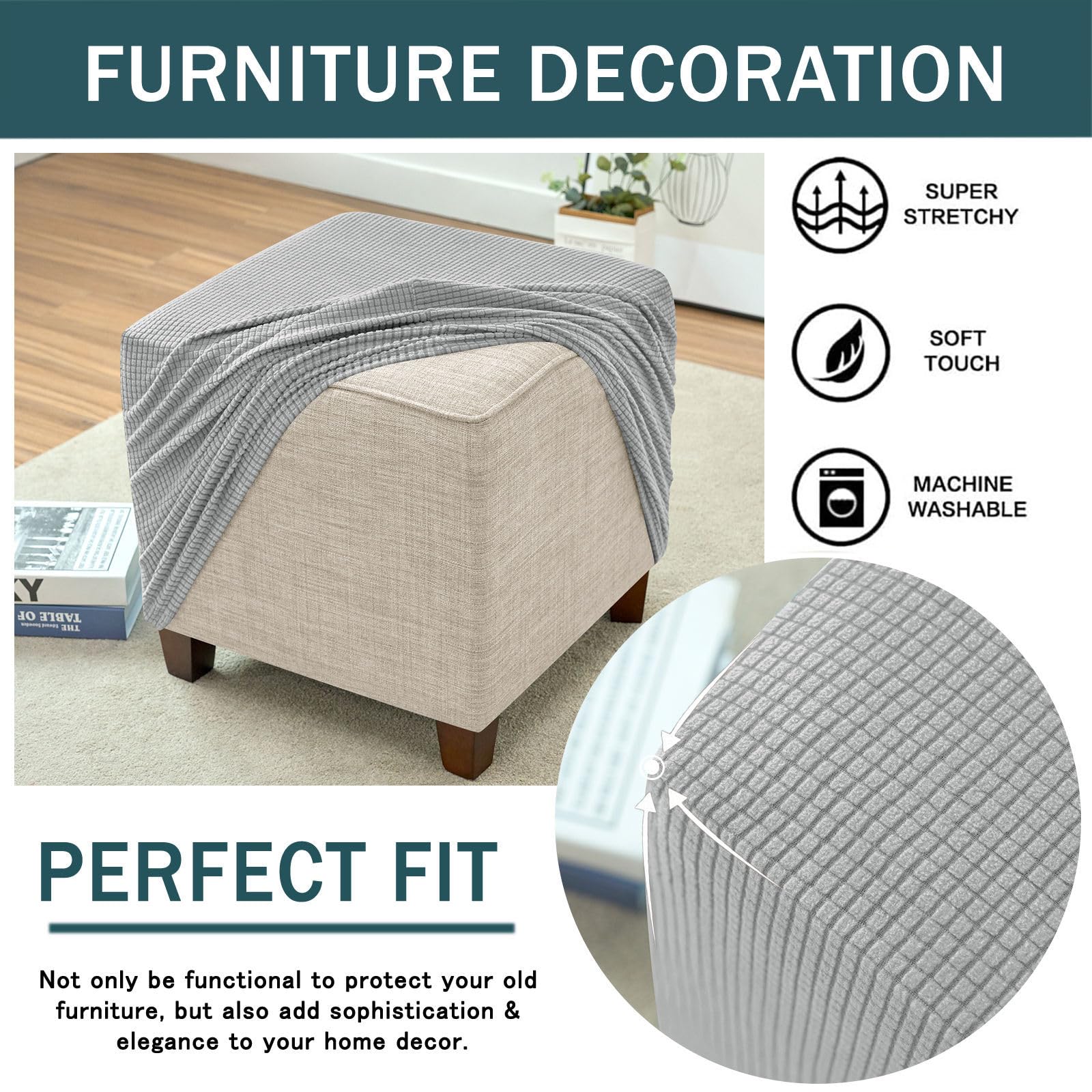 Copri Pouf Quadrato, Elasticizzato Quadrato Copri Poggiapiedi Elastan Copri Ottomano Lavabile Copri Pouf Poggiapiedi Con Fondo Elastico-grigio chiaro-Small