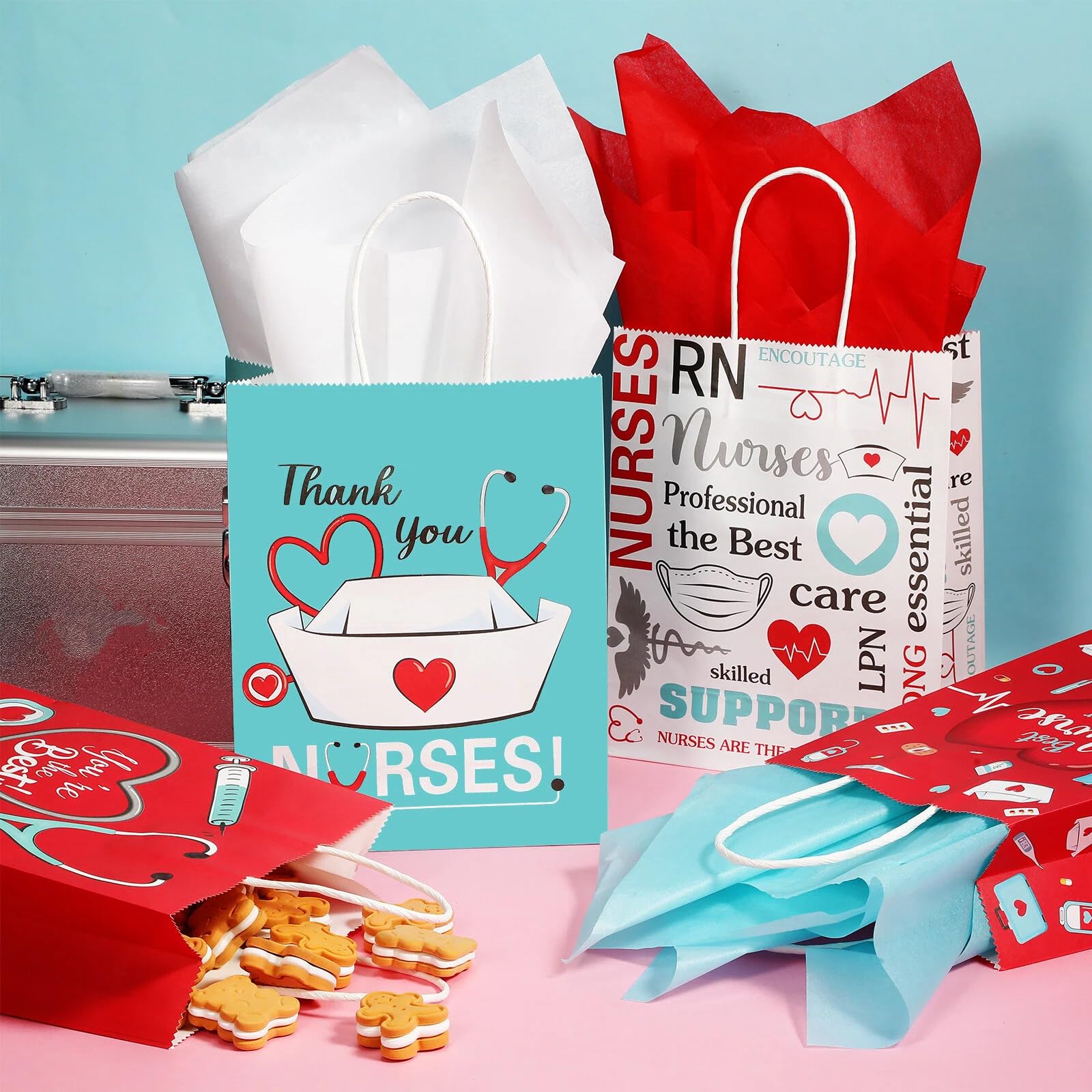 Sabary 24 Pcs Nurse Gift Bags 9 x 7 Inch, Nursing Graduation Party Thank You Nurse Paper Goodie Bags with Tissue Paper Decor for Medical Themed Birthday RN Nursing Graduation Party Favor Supplies