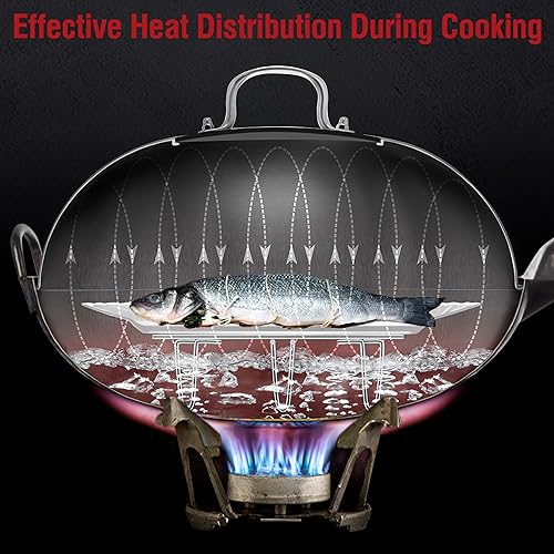 Miniatura 9 de YOSUKATA Sartén redonda plateada  Sartenes para cocinar de 14 pulgadas + juego de utensilios de wok pre-sazonados  Espátula de Wok azul de 17