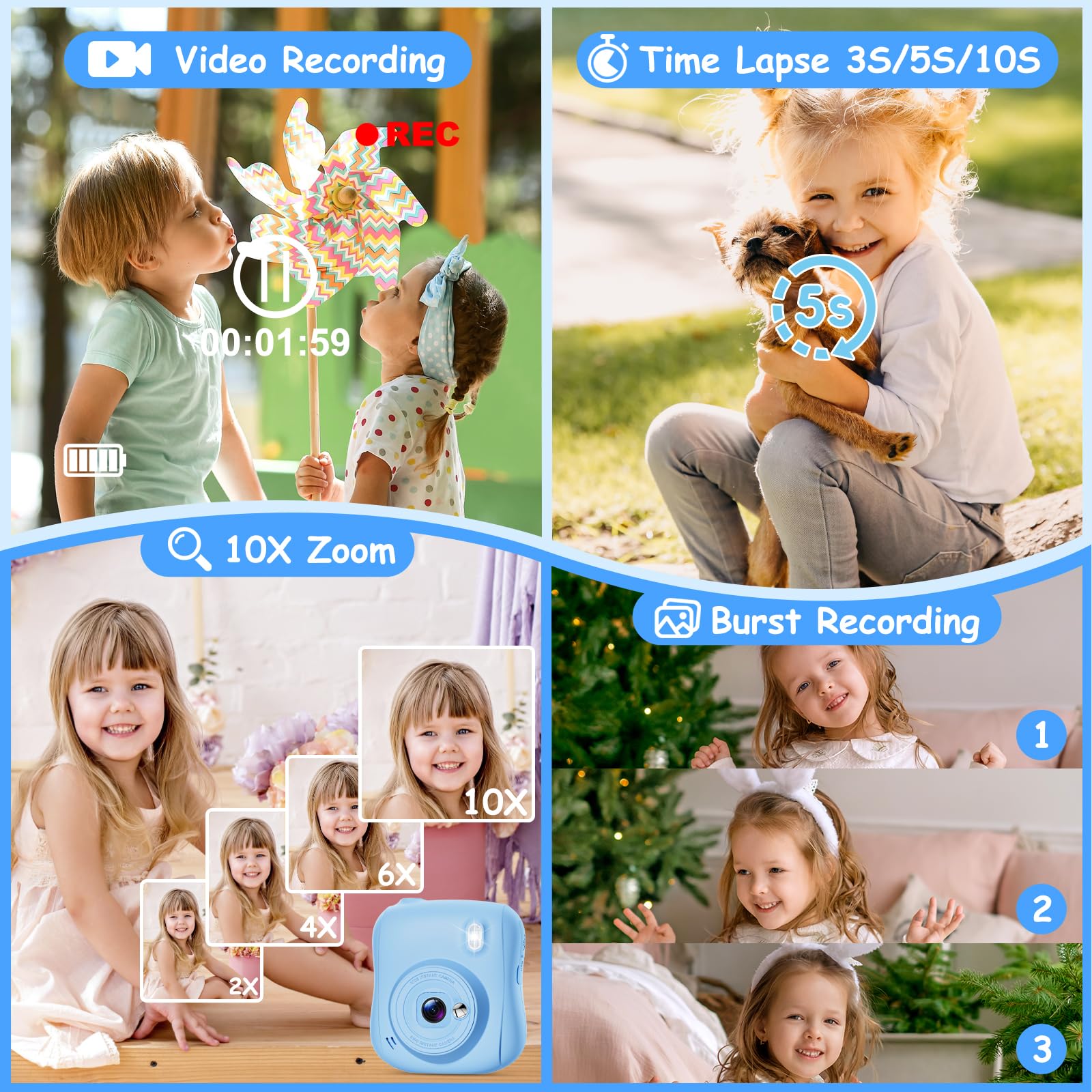 Hangrui Kinderkamera Sofortbildkamera, 14MP Sofortbildkamera Kinder mit 32G Karte & Druckpapier, 1080P Kamera Kinder Sofortdruck mit Farbige Stifte, Geschenk für 3-12 Jungen und Mädchen-Blau