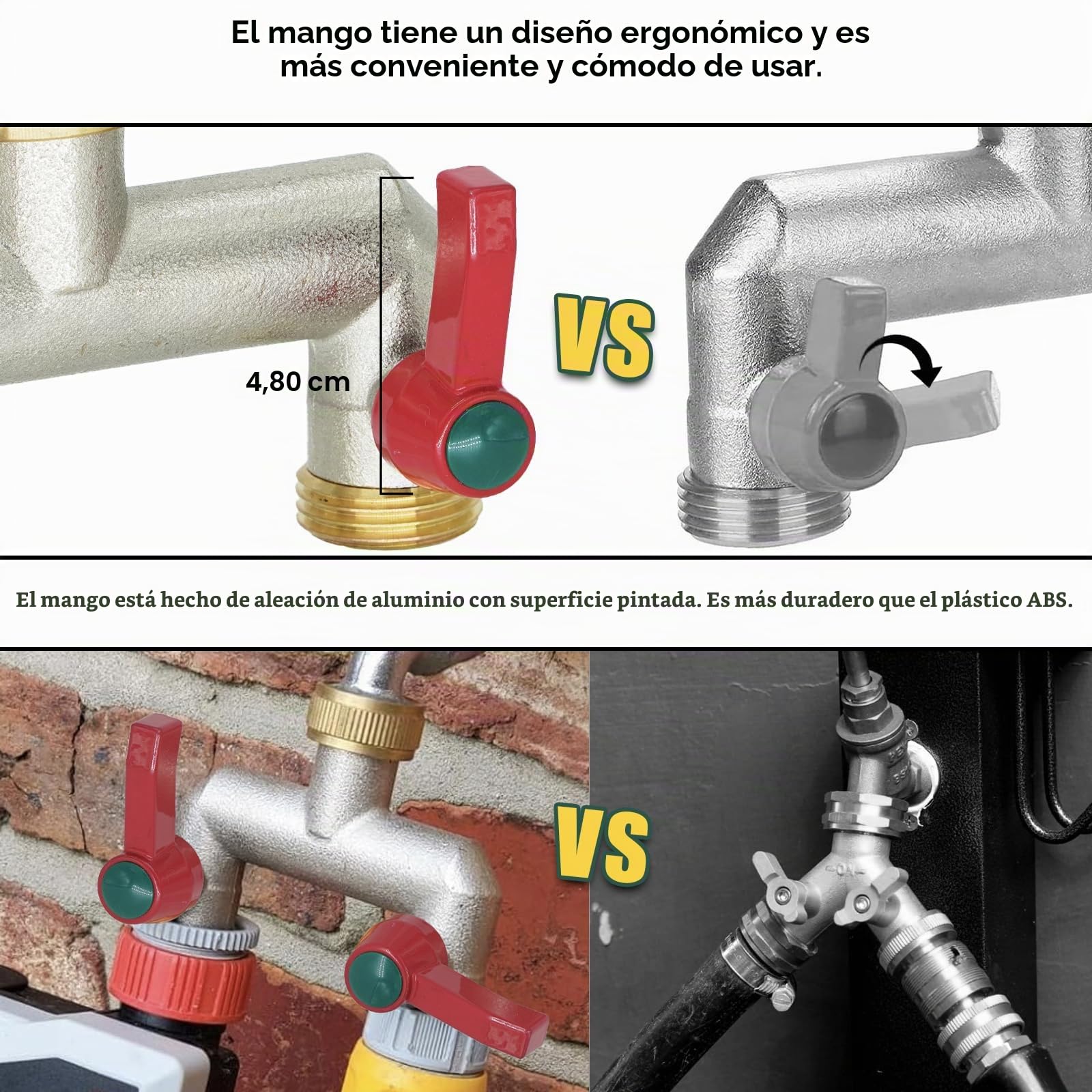 Divisor de Manguera de jardín de latón, Divisor de Grifo de 1/2 Pulgada y 3/4 Pulgada, Conector de Grifo de 3 vías con válvulas de Encendido/Apagado y Mango extendido, Adaptador de Grifo