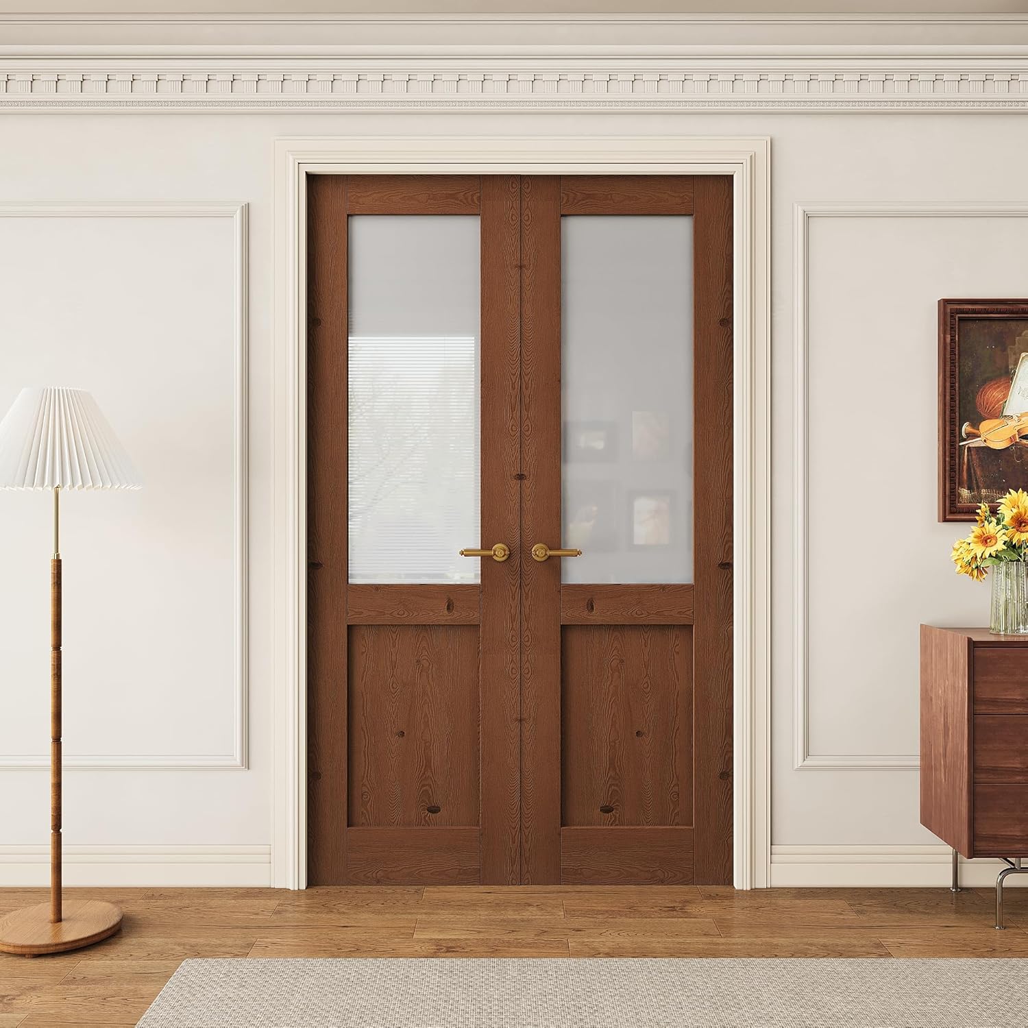 48 x 80 (Double 24 x 80) Prebuilt Interior Frosted Glass Half Door Slab, Paintable Interior Doors for Home, Bedroom, Pantry, Laundry Room as Prehung, Pocket, French, Barn Doors, Pine Wood Door