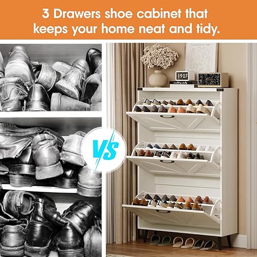 Miniatura 30 de Zapatero con 2 cajones abatibles y almacenamiento abierto, armario de almacenamiento de zapatos de granja para entrada, estante organizador estrecho