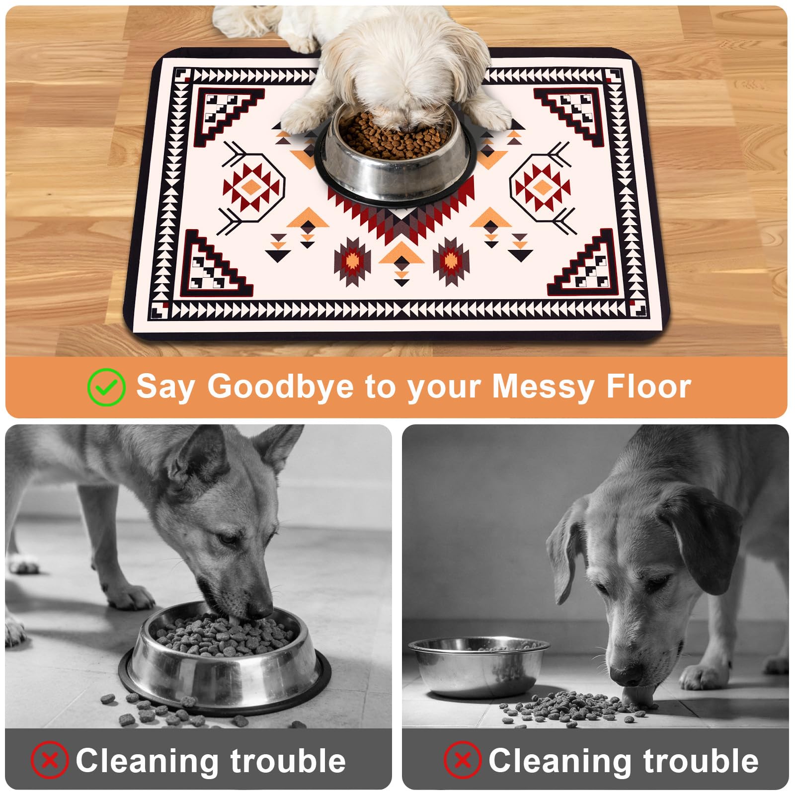 Tapis de nourriture pour chien - Tapis bohème imperméable pour gamelles d'eau et nourriture pour chat - Absorbant à séchage rapide - Tapis antidérapant pour l'alimentation des animaux de compagnie