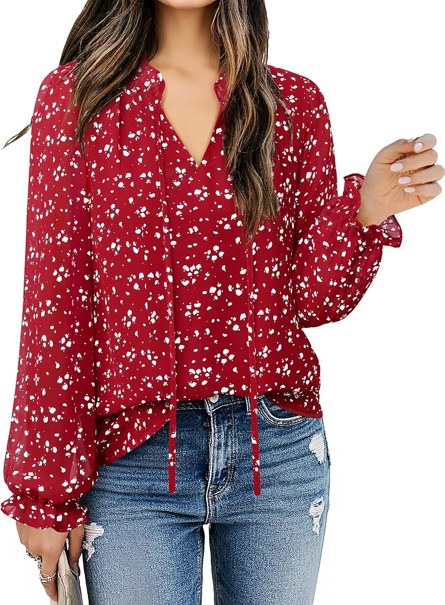 Gaharu Womens Business Casual Blouses Ruffle V Neck Work Dressy Shirts Long Sleeve Chifffon Tunic Tops