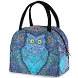 ZzWwR Ethnic Totem Owl Ornate Pattern Lunch Tote Bag with Front Pocket Reusable Insulated Thermal Zipper Closure Cooler Container Bag for School Work Picnic Travel Fishing Beach