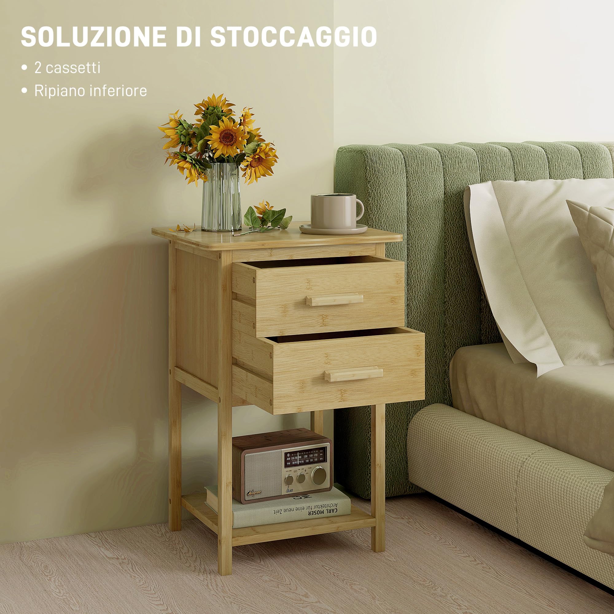 HOMCOM Set 2 Comodini con 2 Cassetti e Ripiano, 40x34x60 cm, Color Legno | Ripiano Inferiore, Stile Nordico, Comodini Moderni in Bambù