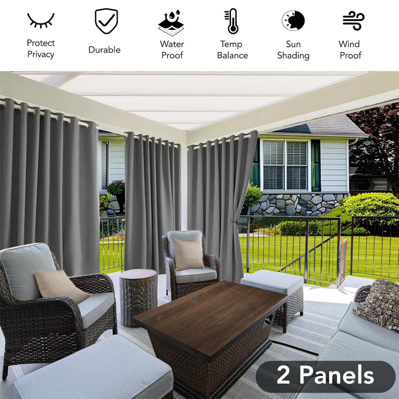 LINGKY Blickdicht Vorhänge Outdoorvorhänge Gardinen Terrassen Sichtschutz Outdoor Vorhang Wetterfest Wasserdicht Sonnenschutz für Balkon Pavillon, 213x132 cm(HöhexBreite), Grau, 2er Set