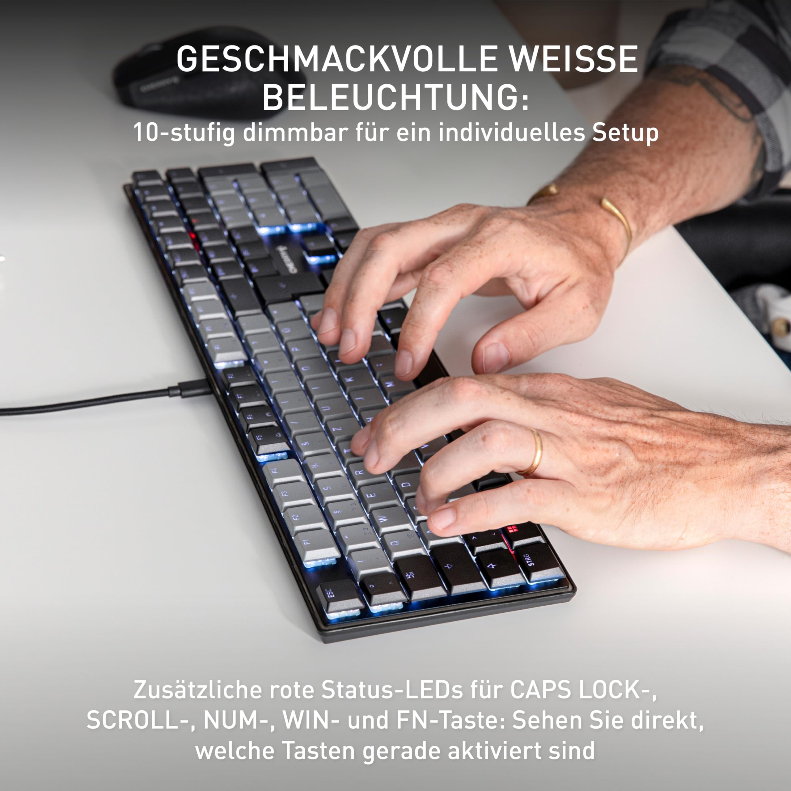 CHERRY KC 500 MX LP, Mechanische Low-Profile-Tastatur, Deutsches Layout (QWERTZ), Kabelgebunden (USB-A), Weiße Beleuchtung, MX LP 2.0 Ivory Switches, Schwarz