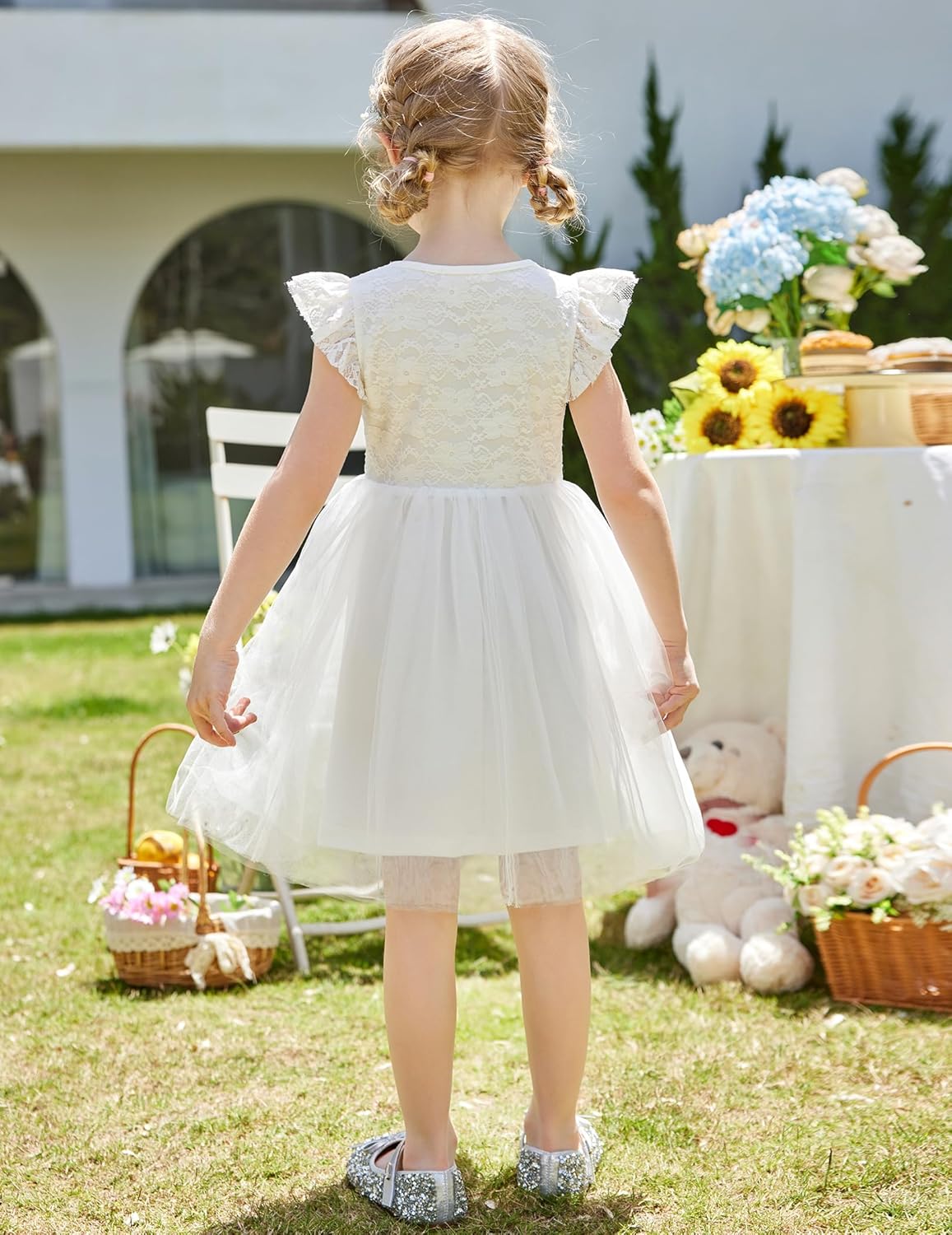 Arshiner Toddler Lace Tutu Dresses Ruffle Sleeve 3 Layers Tulle Flower Wedding Birthday Summer Little Girls Dress - Image 3