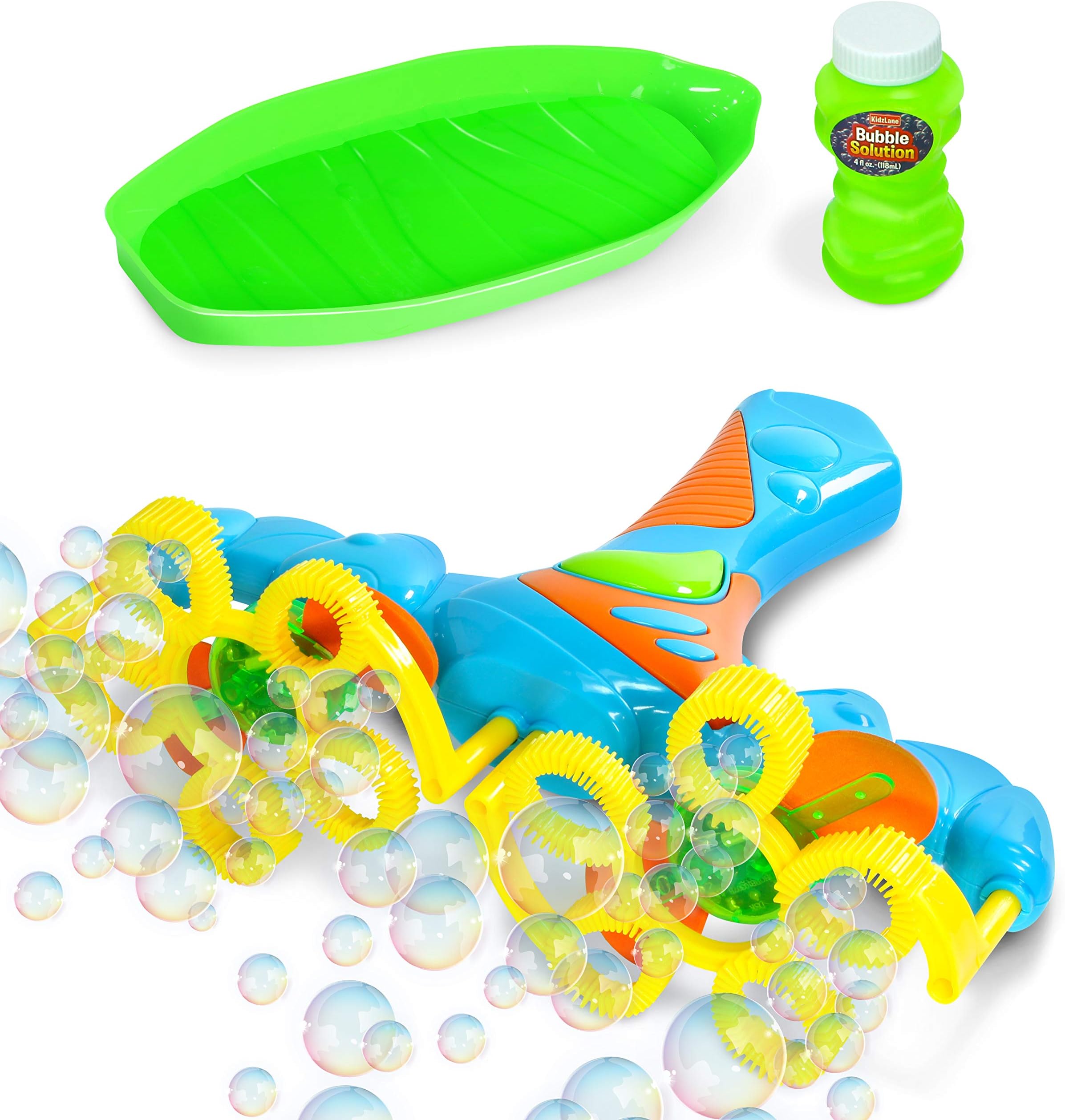 KidzlaneLight-Up Bubble Blaster Wand for Kids (Toy Gun) Multicolor Spinning Effects, 10 Streams, Thousands of Bubbles Includes 120ml of Solution Ages 3+