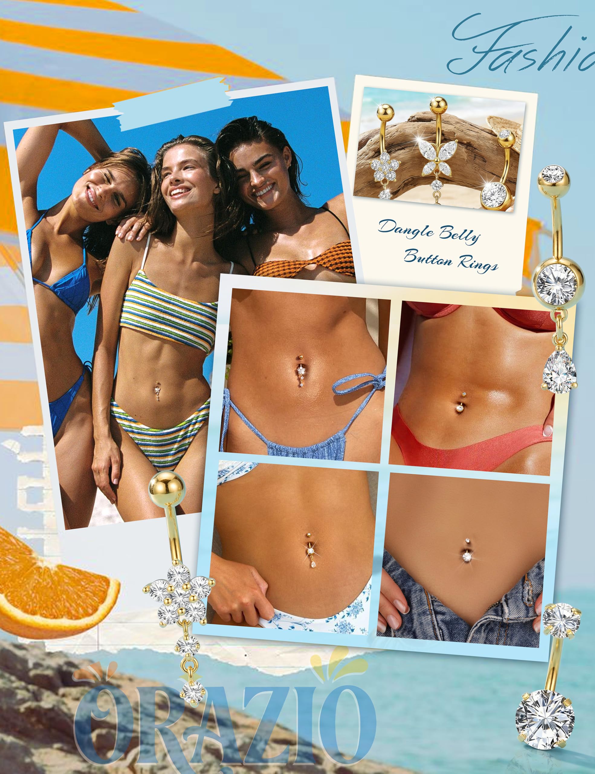 ORAZIO 5 Pares Dorado Piercing Ombligo Acero Quirurgico 10MM Plata Belly Piercing para Mujer Hipoalergénico Mariposa Circón Piercing Ombligo para Mujer