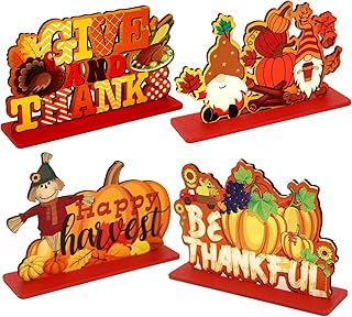 4 Pieces Thanksgiving Wooden Table Signs - Harvest Thanksgiving Themed Table Centerpiece Signs, Autumn Pumpkin Wood Stand Up for Home Office Thanksgiving Fall Decor