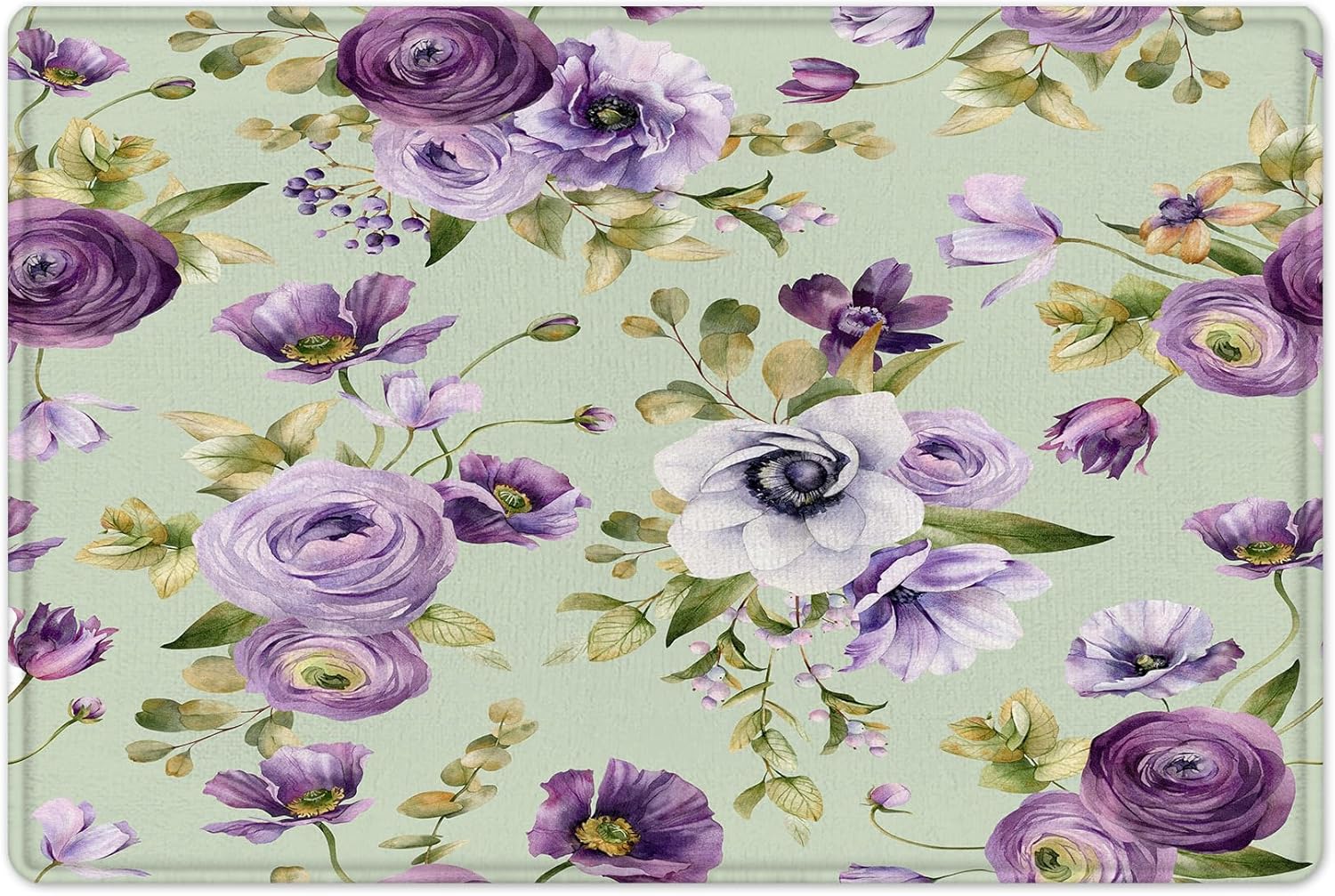 LB Sage Green Botanical Shower Curtain Sets with Rugs Nature Purple Floral with Botanical Green Leaf Fabric Shower Curtain with Hooks Spring Plant Rose Bathroom Curtains Shower Set, 72x72 inches