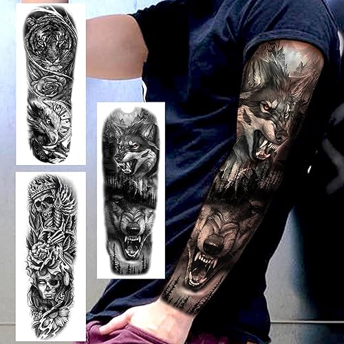 Miniatura 4 de 20 hojas de tatuajes temporales de lobo, tigre, león, tribal, negro, para hombres y adultos, 3D de Halloween, prisión gótica, maorí, tatuajes para
