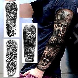 EGMBGM 20 Sheets Black Tribal Wolf Tiger Lion Temporary Tattoo Sleeve For Men Adults, 3D Halloween Prison Gothic Maori Sleeve Tattoos For Women, Fake Full Arm Sleeve Tattoo Stickers Skull Skeleton