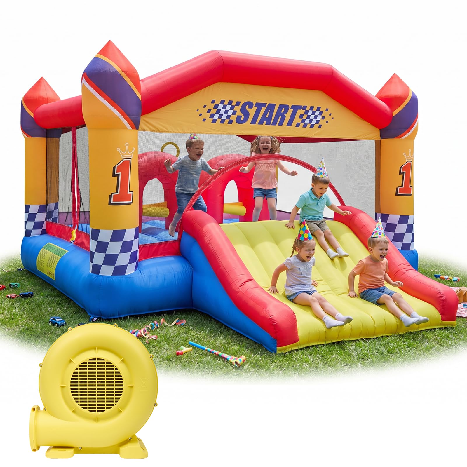 Photo 1 of ***** UNTESTED*****Inflatable Bounce House,Large Racing Theme Bouncy Castle with Slide,Basketball Hoop & Climbing Obstacle for Kids Ages 3-12,Outdoor Backyard Party Jump House with 680W Blower,15 x 12.5 x 7.3 FT