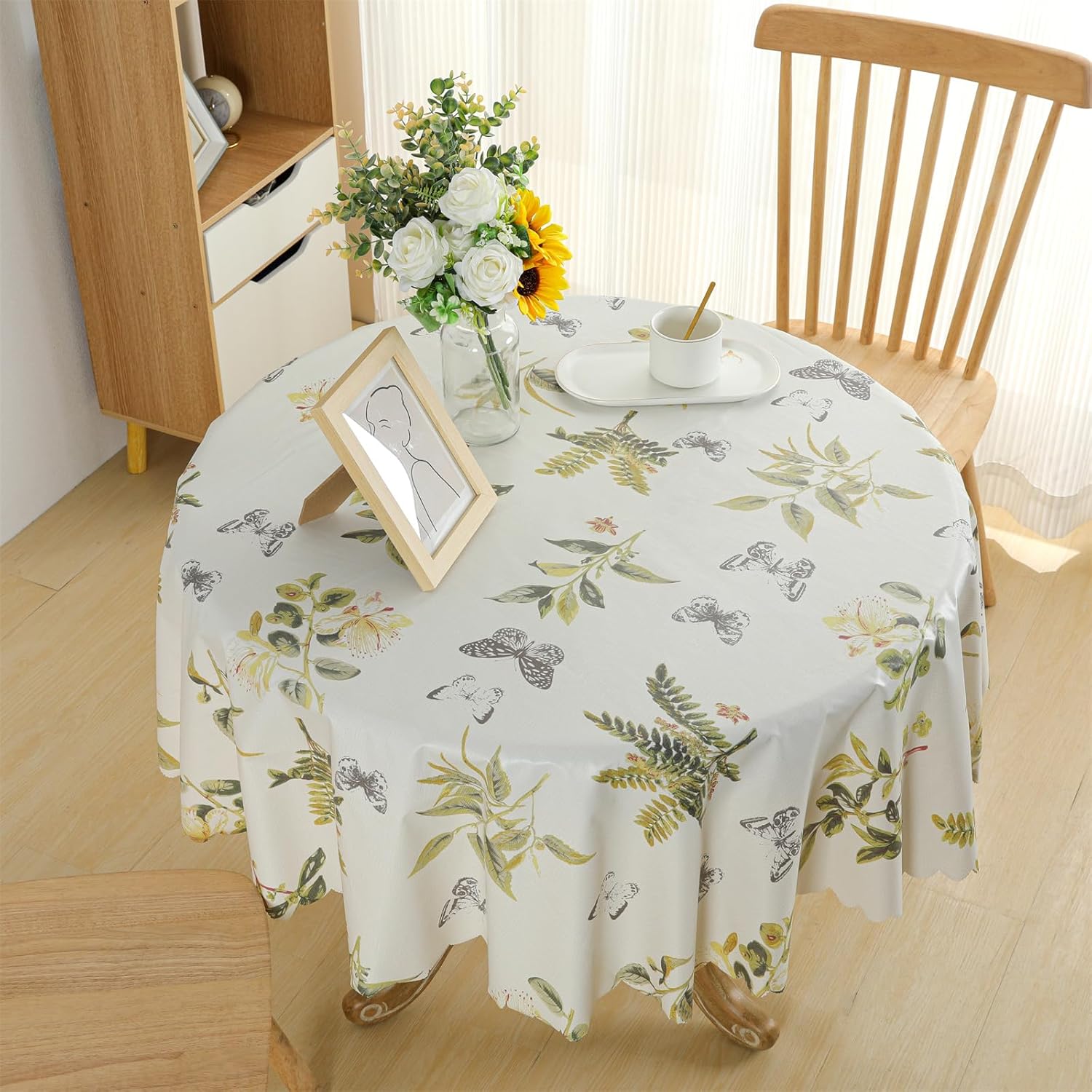 Rakila Round Vinyl Tablecloth 55 Inch Waterproof Wipeable PVC Table Cover for Dinner, Flower Style 2