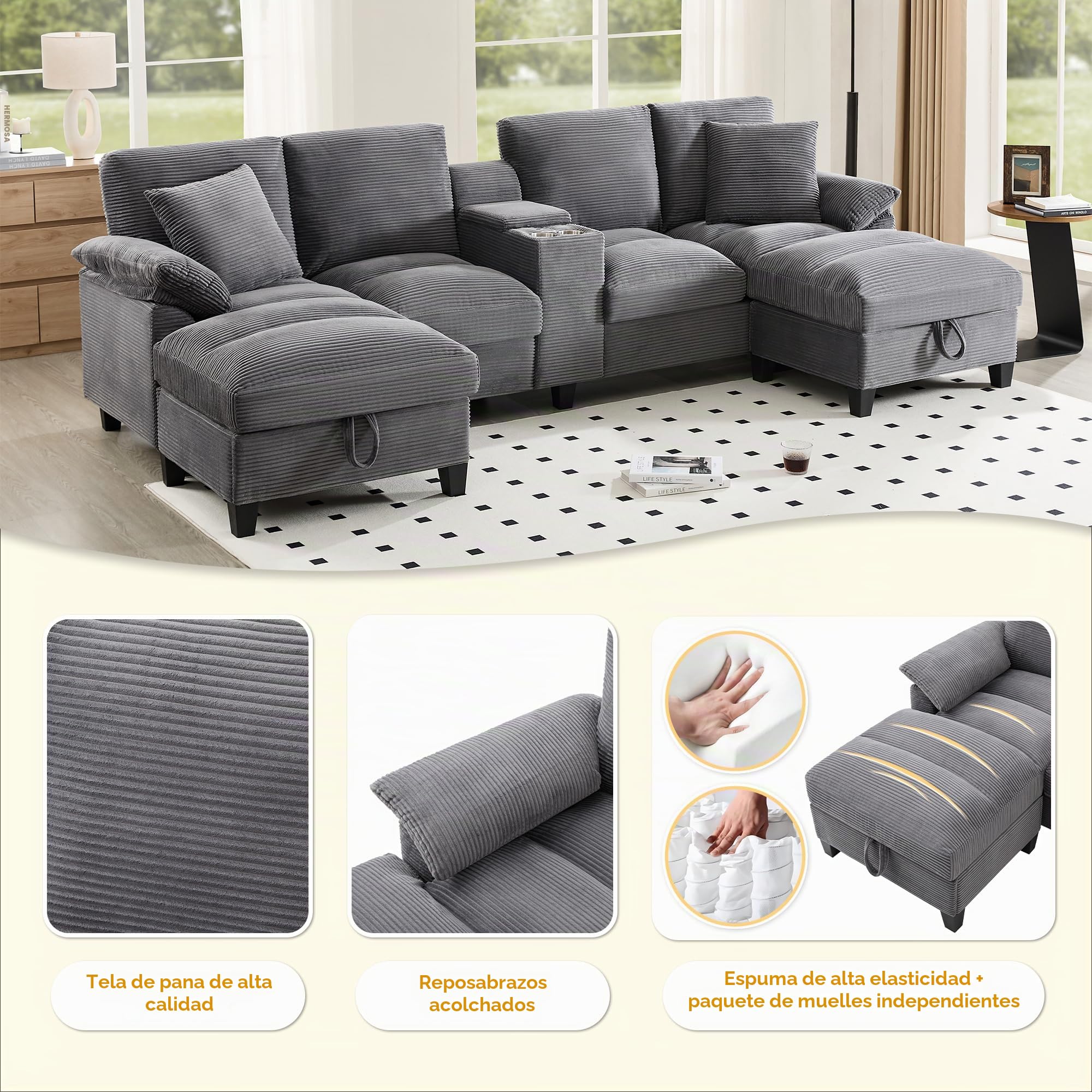 Azkoeesy - Sofá de 4 plazas con 2 reposapiés y espacio de almacenamiento, consola con 2 portavasos y enchufe, 293 cm, forma U, tapizado en pana, adecuado para sala de estar, dormitorio y apartamentos