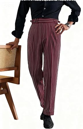 Mens Striped Dress Pants Slacks Slim Fit Business Work Suit Gurkha Flat Front Trousers
